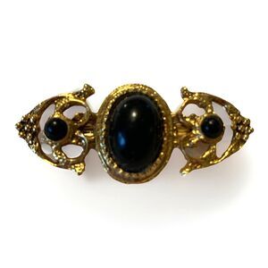 Vintage Victorian Revival Gold Tone Faux Jet Black Glass Bar Brooch Pin Ornate